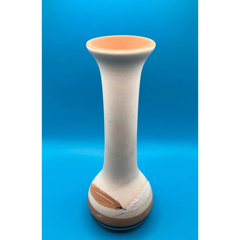 Buck Skin Pottery Bud Vase Small Cream Hand Painted Feather Terracotta 1995